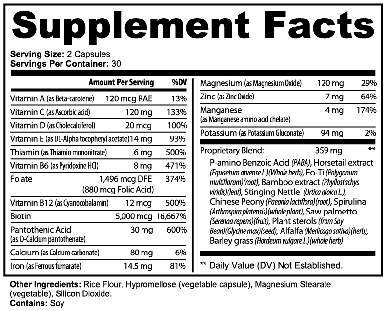 Hair, Skin, and Nails supplement with Biotin, Vitamins B6, C, D, and a proprietary blend for natural glow and tissue health.