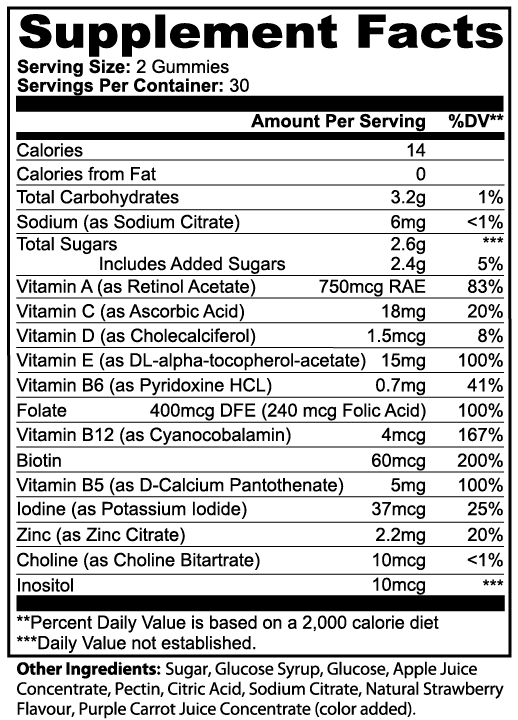 Multivitamin Bear Gummies for adults with strawberry flavor, supporting immune health, cognition, and cardiovascular wellness, gluten-free and non-GMO, 60 gummies per bottle.