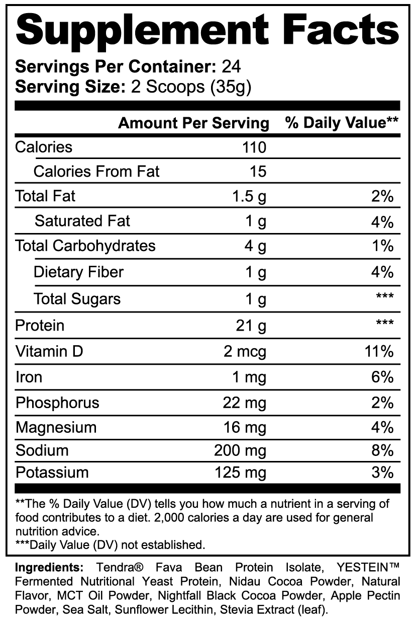 Plant Protein Chocolate powder with 21g protein per serving, gluten-free, vegan, lactose-free, non-GMO, and rich chocolate flavor.